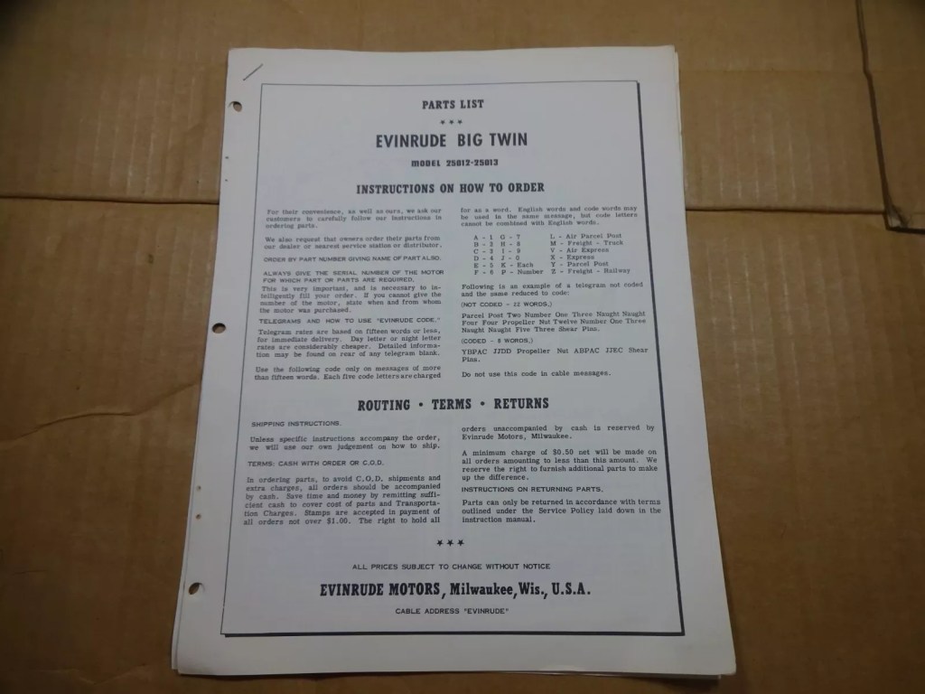 1953 1954 Evinrude Big Twin 25012 25013 Outboard Motor Parts Catalog Manual